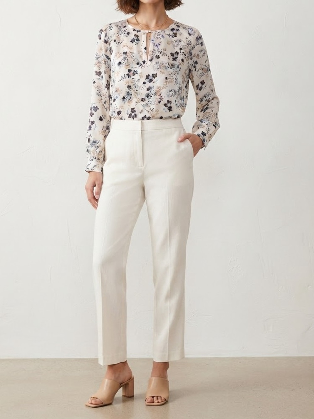 LOFT Cream Floral Henley Blouse with Blue and Tan Accents